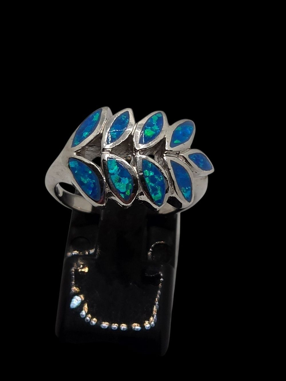 Sterling Silver Blue Opal Leaf Cluster Ring Size 8 Statement Band